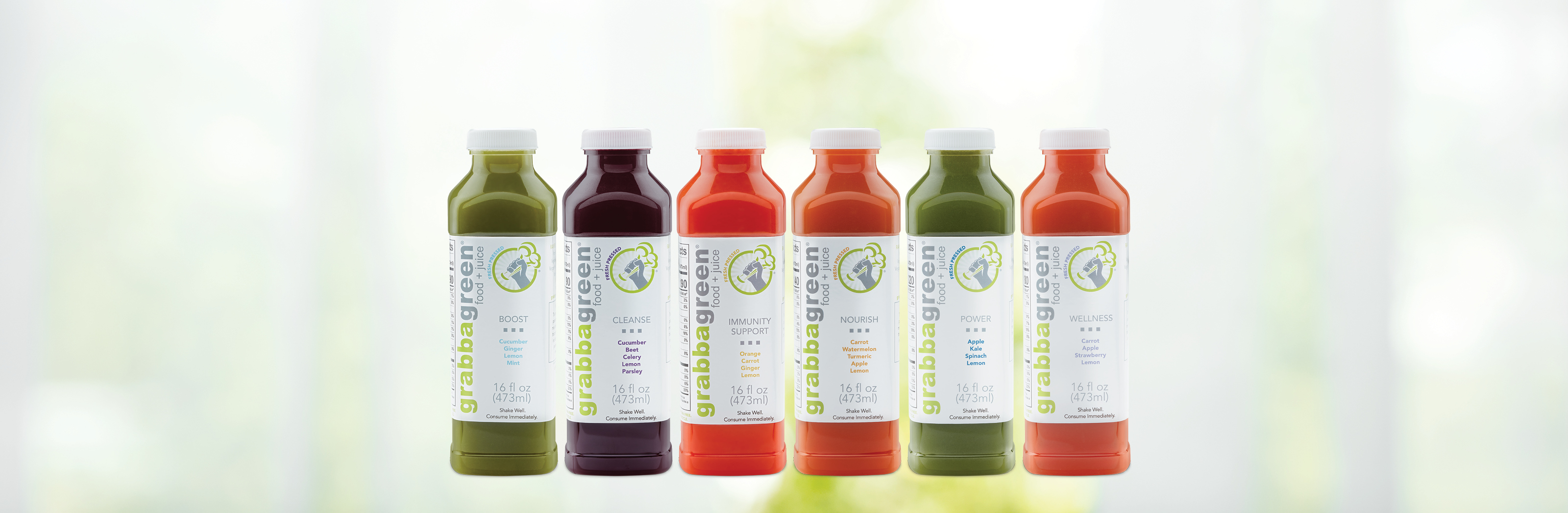 Grabbagreen food + juice fresh pressed items are green, youth, immunity support, gingerly, endurance, spicy lemonade, cleanse, nourish, boost, leafy. Available at participating locations and while supplies last.